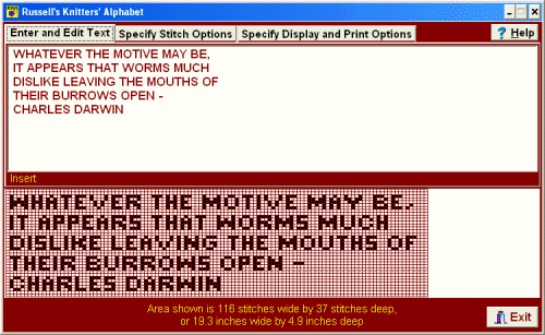 Screen shot of the WinRKA text entry and stitch display areas